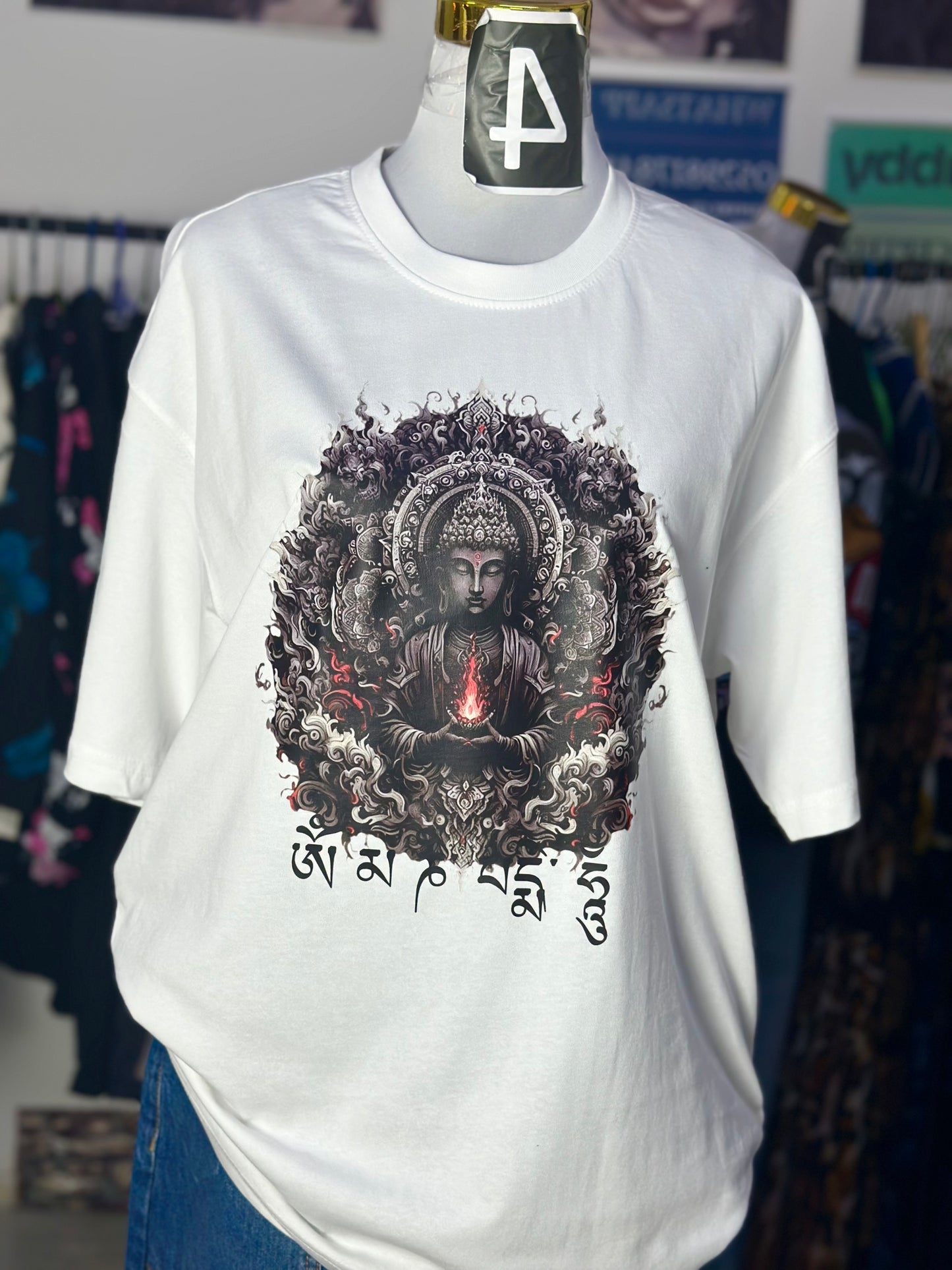 OT23-बुद्ध फ्लेम प्रिन्ट ओभरसाइज महिला टी-शर्ट ड्रप शोल्डरको साथ