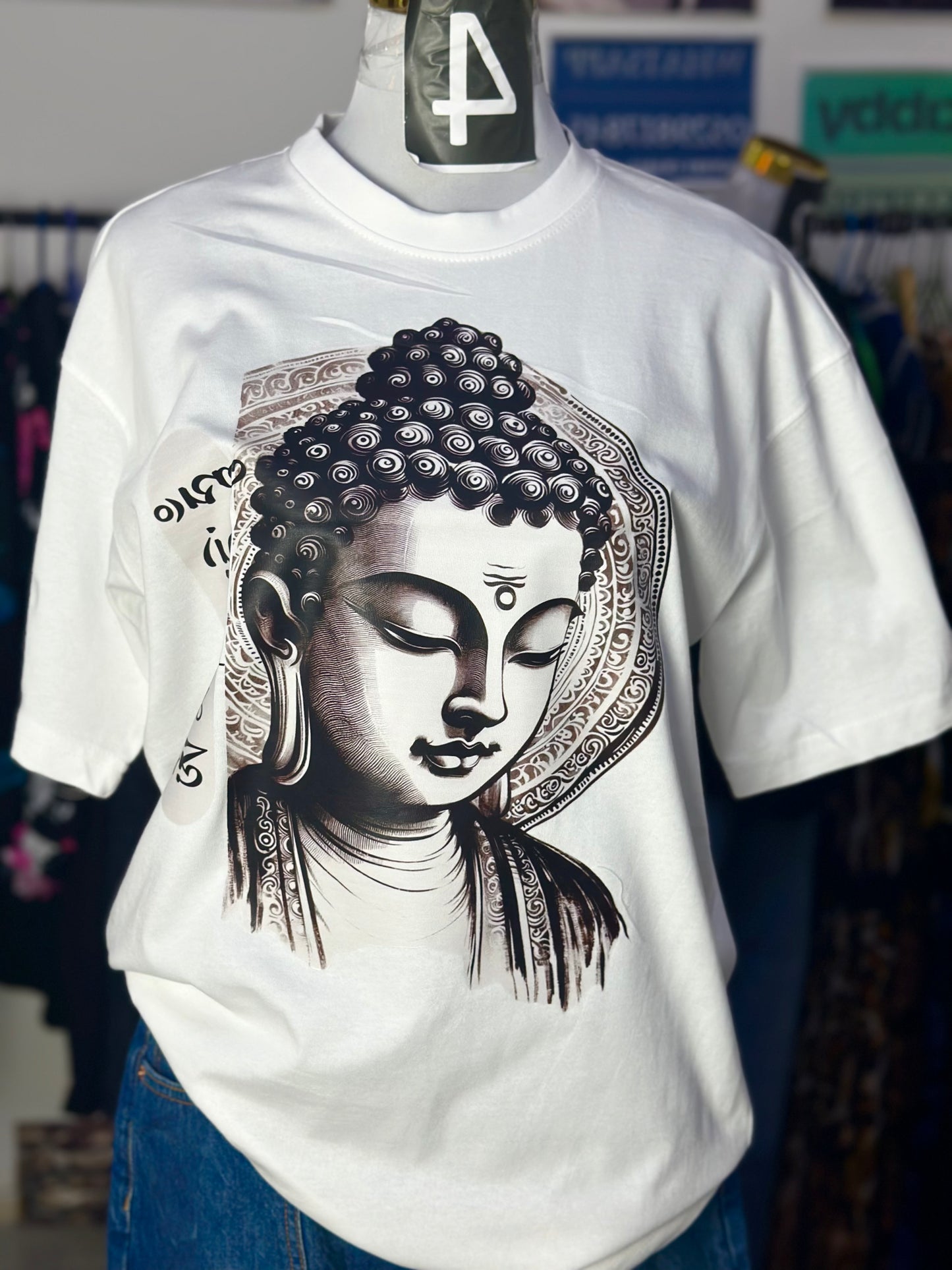 OT22-बुद्ध प्रिन्ट ओभरसाइज महिलाको ड्रप शोल्डर भएको टी-शर्ट