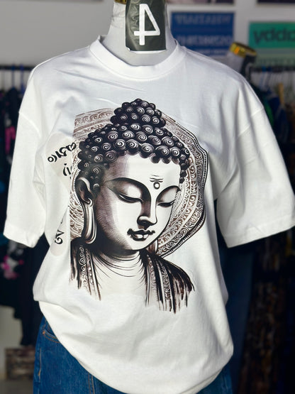 OT22-बुद्ध प्रिन्ट ओभरसाइज महिलाको ड्रप शोल्डर भएको टी-शर्ट