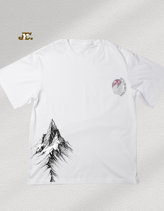 J50-Oversized Drop Shoulder Unisex T-Shirt – 100% Organic Cotton | Mountain Graphic | 220 GSM | Black/White