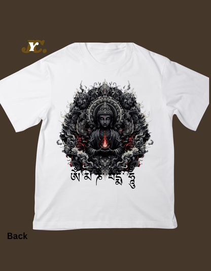OT23-बुद्ध फ्लेम प्रिन्ट ओभरसाइज महिला टी-शर्ट ड्रप शोल्डरको साथ
