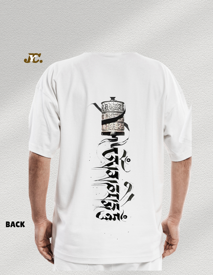 J52-Mani Prayer Wheel Unisex Oversized T-Shirt – 100% Cotton | Tibetan Art | Drop Shoulder Fit