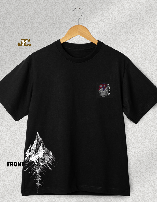 J50-Oversized Drop Shoulder Unisex T-Shirt – 100% Organic Cotton | Mountain Graphic | 220 GSM | Black/White
