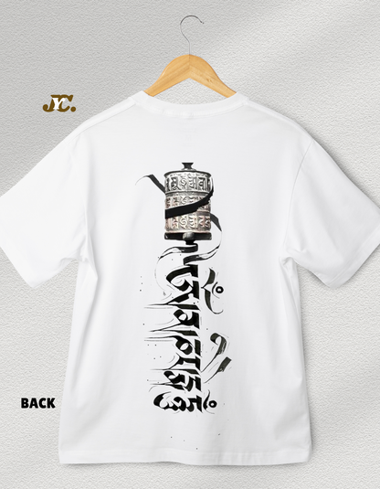 J52-Mani Prayer Wheel Unisex Oversized T-Shirt – 100% Cotton | Tibetan Art | Drop Shoulder Fit