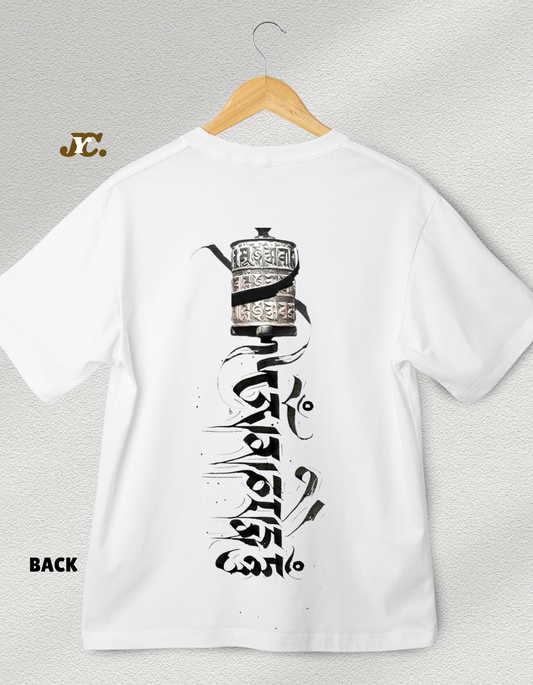J52-Mani Prayer Wheel Unisex Oversized T-Shirt – 100% Cotton | Tibetan Art | Drop Shoulder Fit