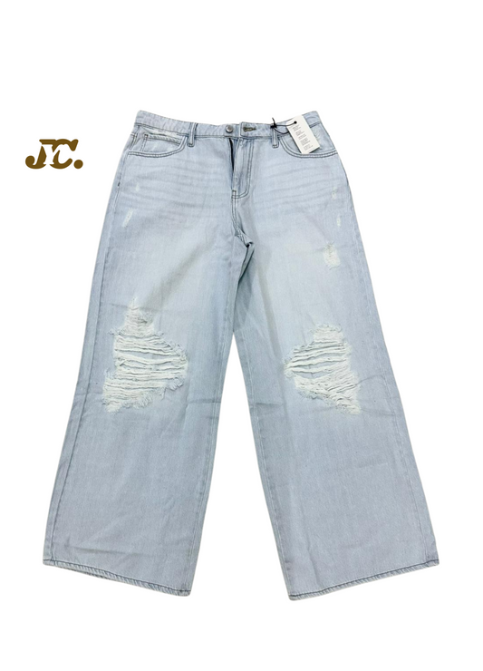 J33-JYC Light Blue Distressed Wide-Leg Ripped Jeans for Women