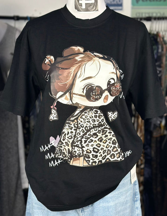 J25-Oversized Unisex Organic Cotton T-Shirt – Cartoon Girl in Leopard Print